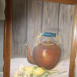 Vintage tea kettle and lemons, signed and framed